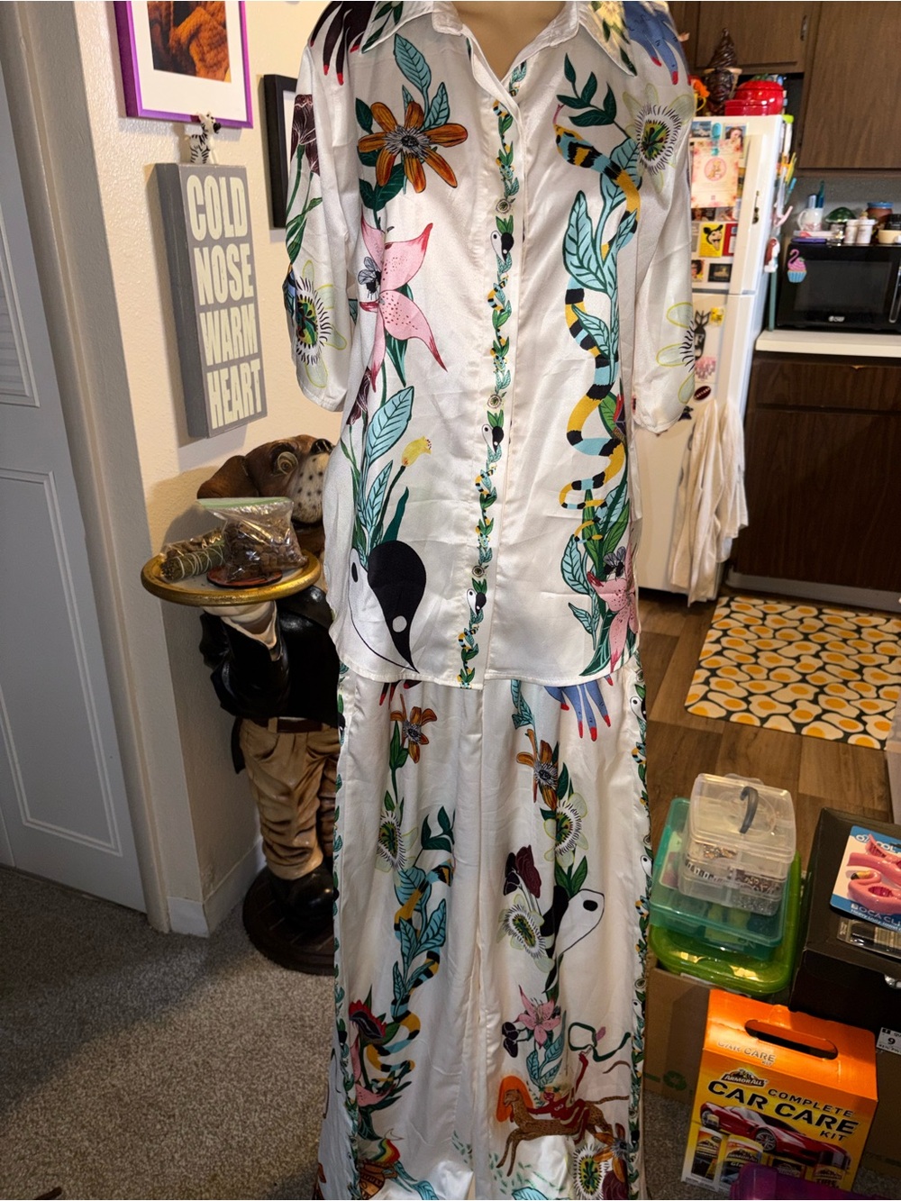 Silky 2 Pc Set Wide Leg Pants w SS Shirt Size S